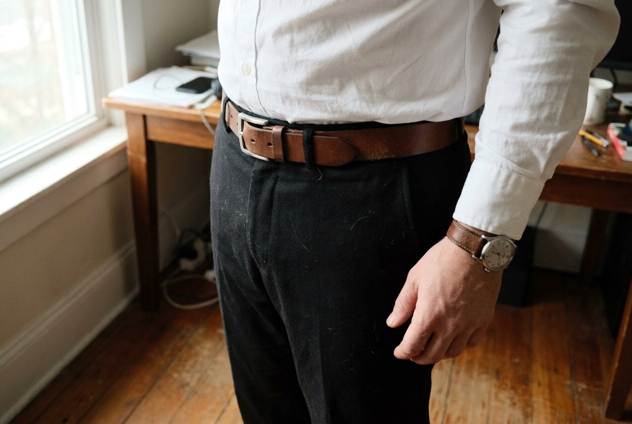 Hüftpartie eines Mannes in schwarzer Wollhose mit mittelbraunem Ledergürtel, dazu am Handgelenk eine Uhr an braunem Lederband
