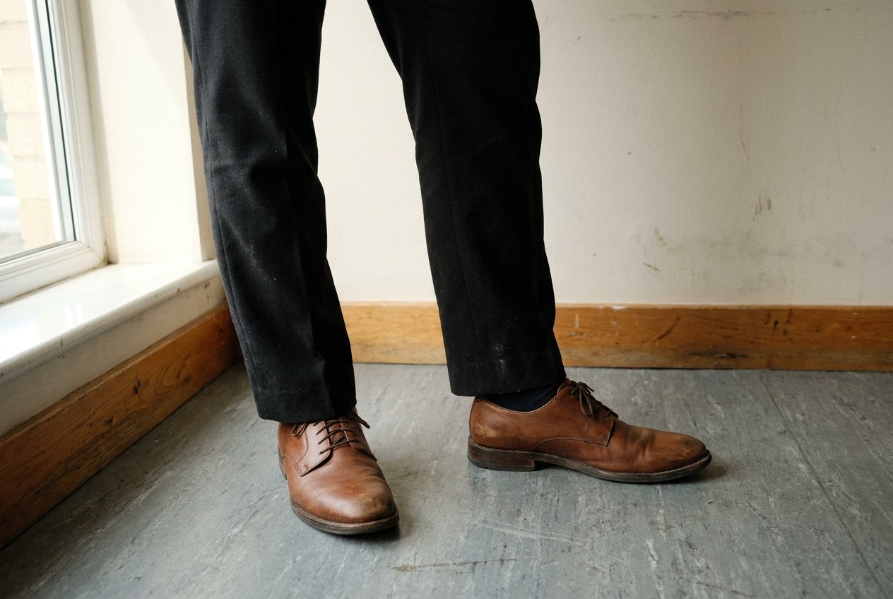 Beine eines Mannes in schwarzer Wollhose mit mittelbraunen Derby-Schuhen aus mattem Leder, Tageslicht von der Seite