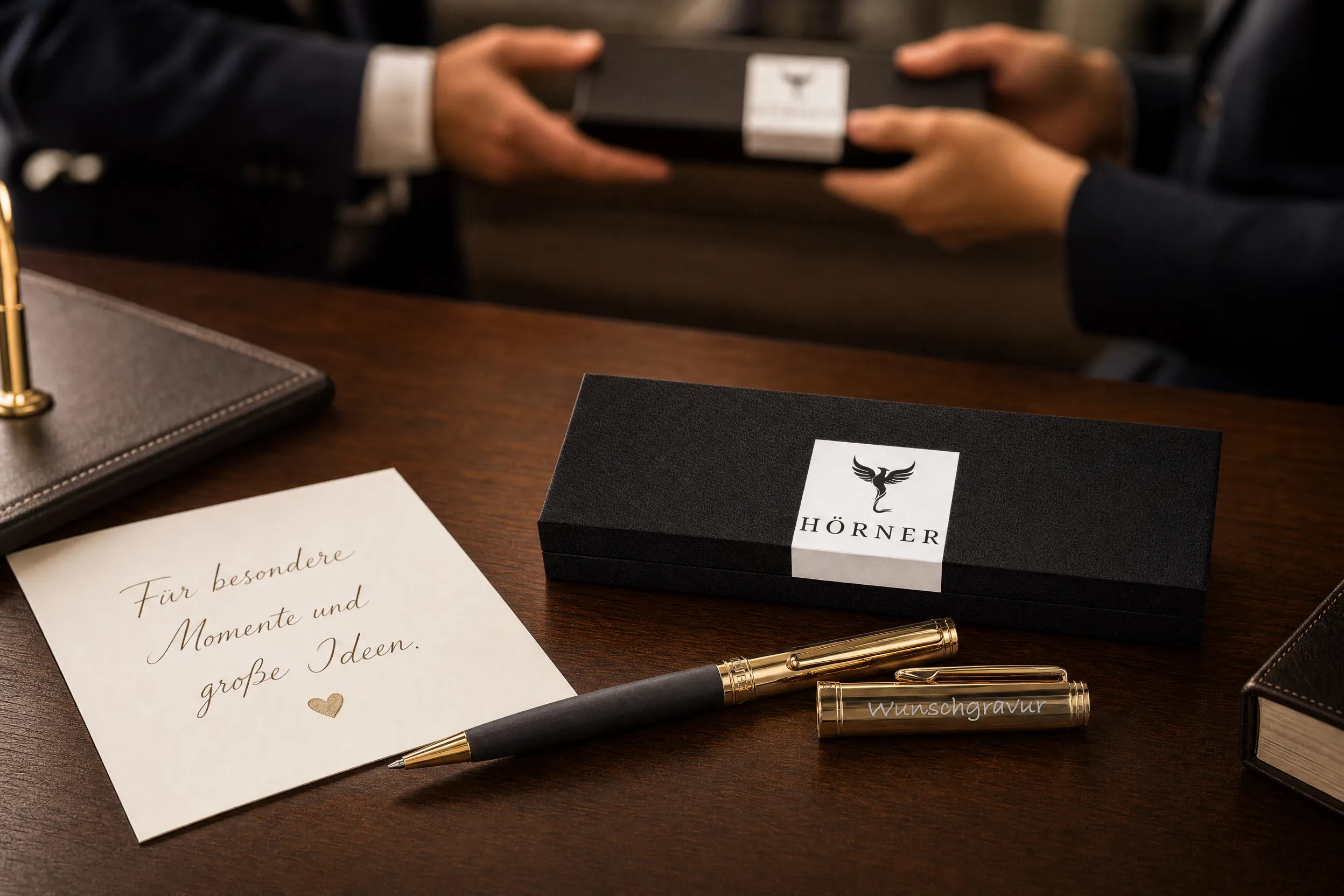 Un instrumento de escritura Hörner grabado con el texto elegido junto a una caja de regalo se entrega como regalo por el aniversario de una empresa