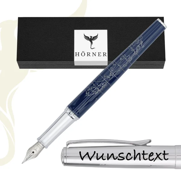 Hörner Terra Füllfederhalter in Blau mit Chromkappe, daneben die Geschenkbox