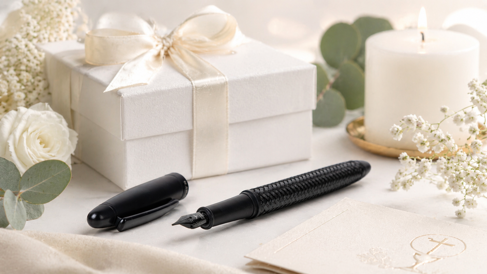 Hörner Füllfederhalter neben weißer Geschenkbox mit Eukalyptus und Kerze als Premium-Geschenk-Setting