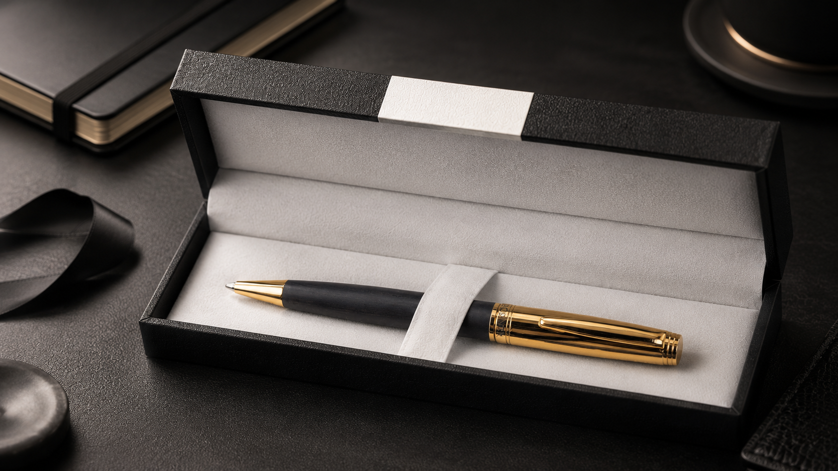 Premium-Kugelschreiber in schwarz-goldener Optik in geöffneter Hörner-Geschenkbox auf dunkler Holzoberfläche mit Notizbuch und Kaffee