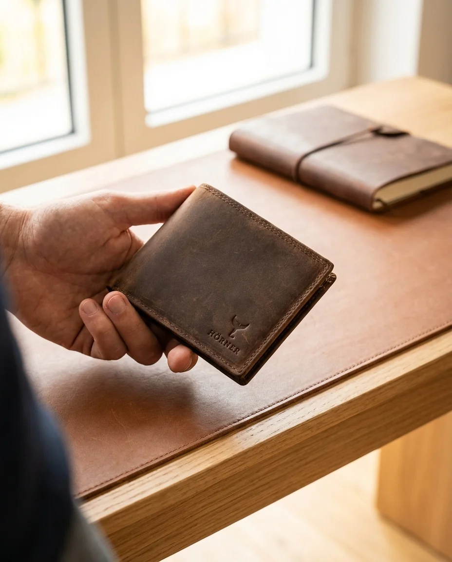 Hand hält pflanzlich gegerbte Hörner Candor Geldbörse auf Schreibtisch