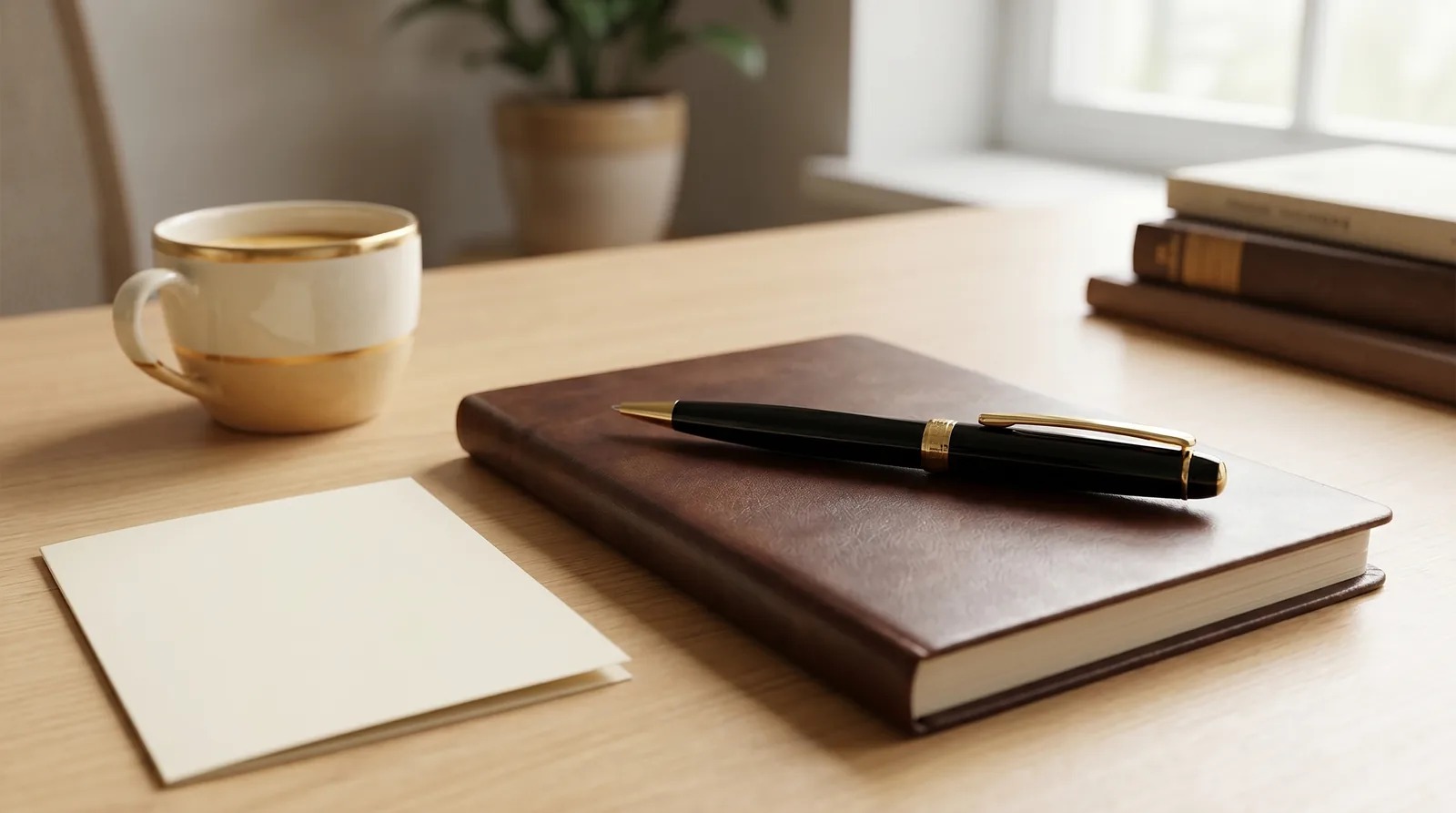 Ein Hörner Nobilis Kugelschreiber in Schwarz mit Goldzier auf einem Leder-Notizbuch, daneben eine Karte, eine Tasse Kaffee und Bücher