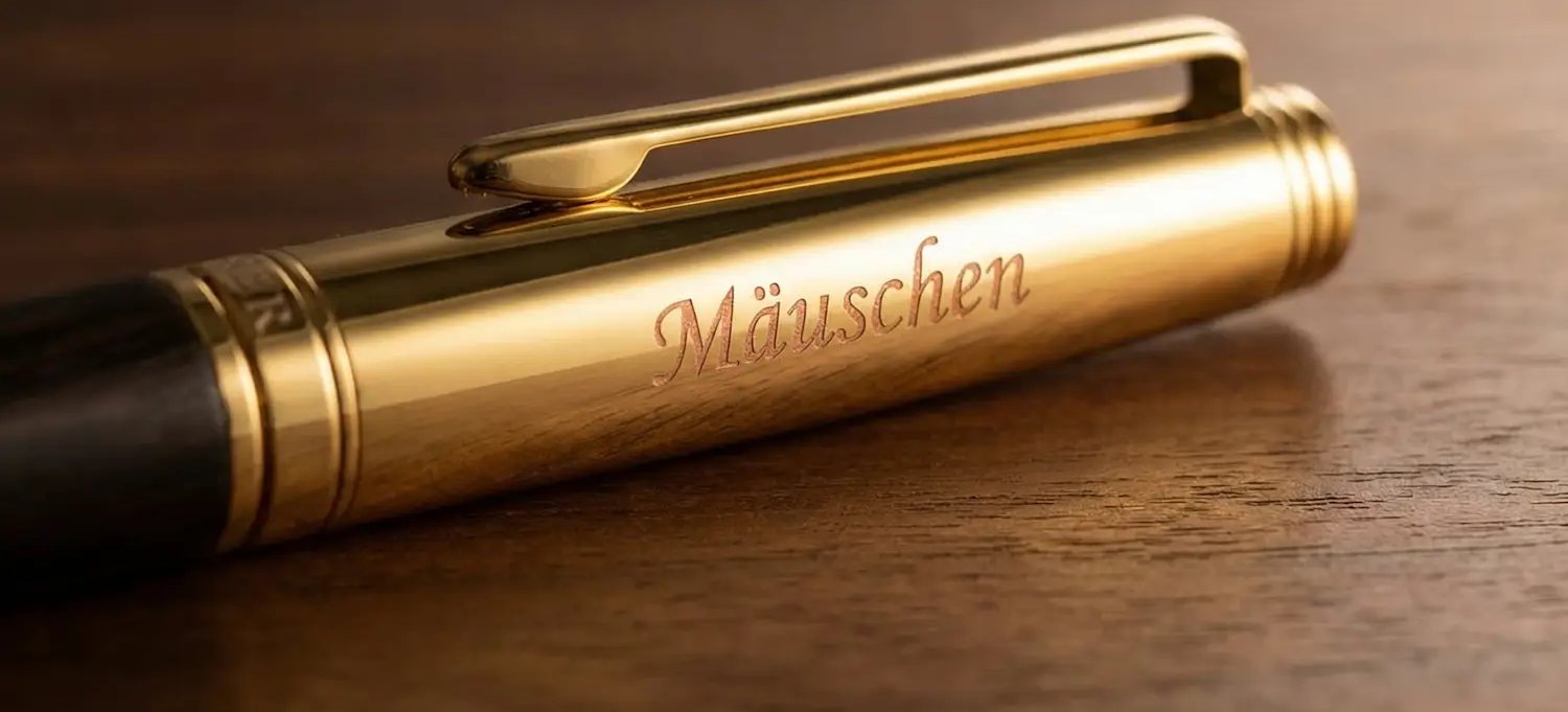 Un stylo-bille Hörner Legno en ébène avec capuchon doré, portant la gravure manuscrite Mäuschen, posé sur une table en bois