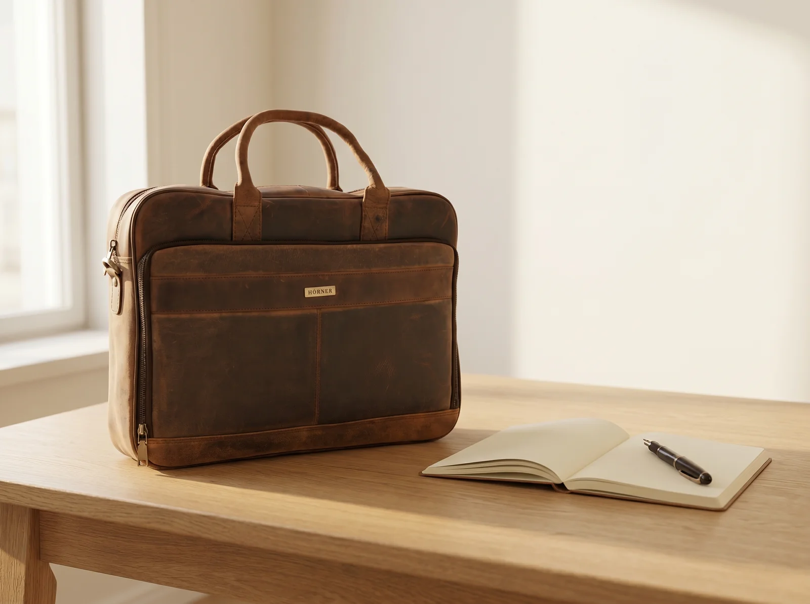 Maletín de cuero para portátil Hörner München en color cognac sobre una mesa de madera, con cuaderno y bolígrafo a la luz cálida del día