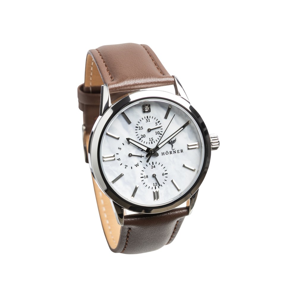 Hörner Nova Aurora mit hellem Zifferblatt, silbernem Gehäuse und braunem Lederarmband