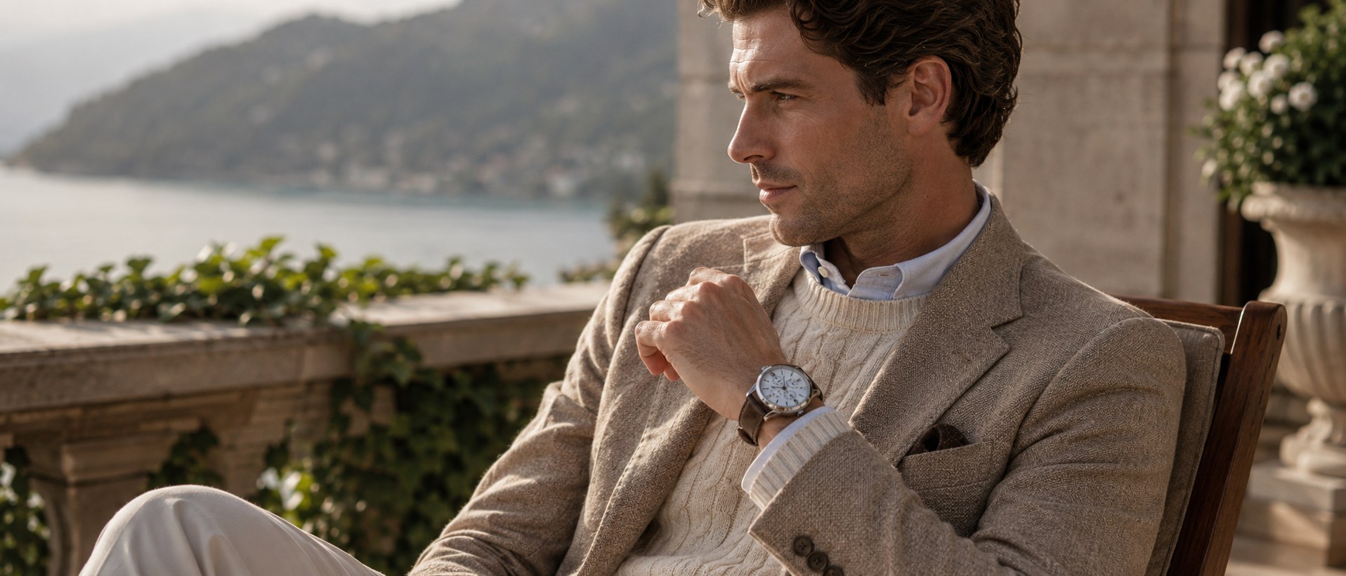 Sitzende Person in Leinensakko, Kaschmirpullover und Hemd auf einer Terrasse über einem See, am Handgelenk eine klassische Uhr mit hellem Zifferblatt und braunem Lederarmband