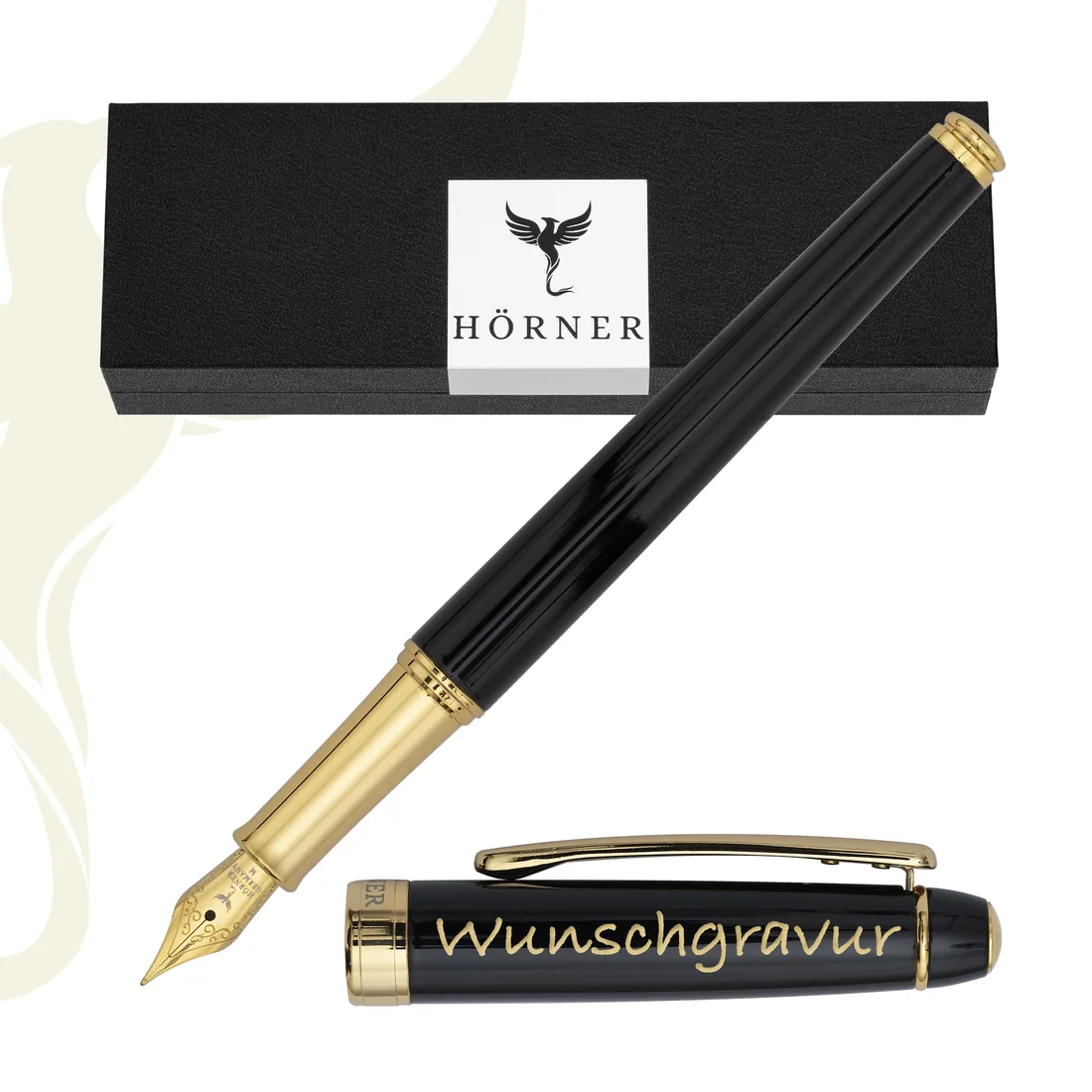 Hörner Nobilis Füllfederhalter in Schwarz mit goldener Feder, Packshot