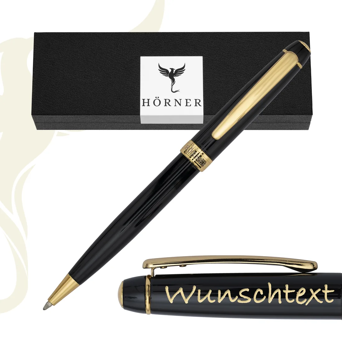 Hörner Nobilis Kugelschreiber in Schwarz-Gold, Packshot mit Wunschgravur
