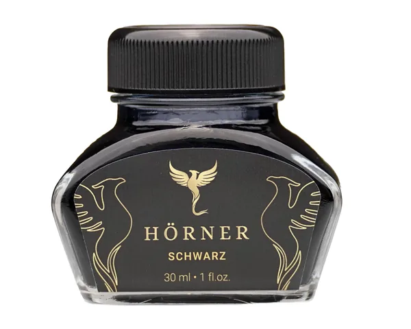 Hörner Tintenfass 30 ml mit schwarzer Tinte, weißer Hintergrund