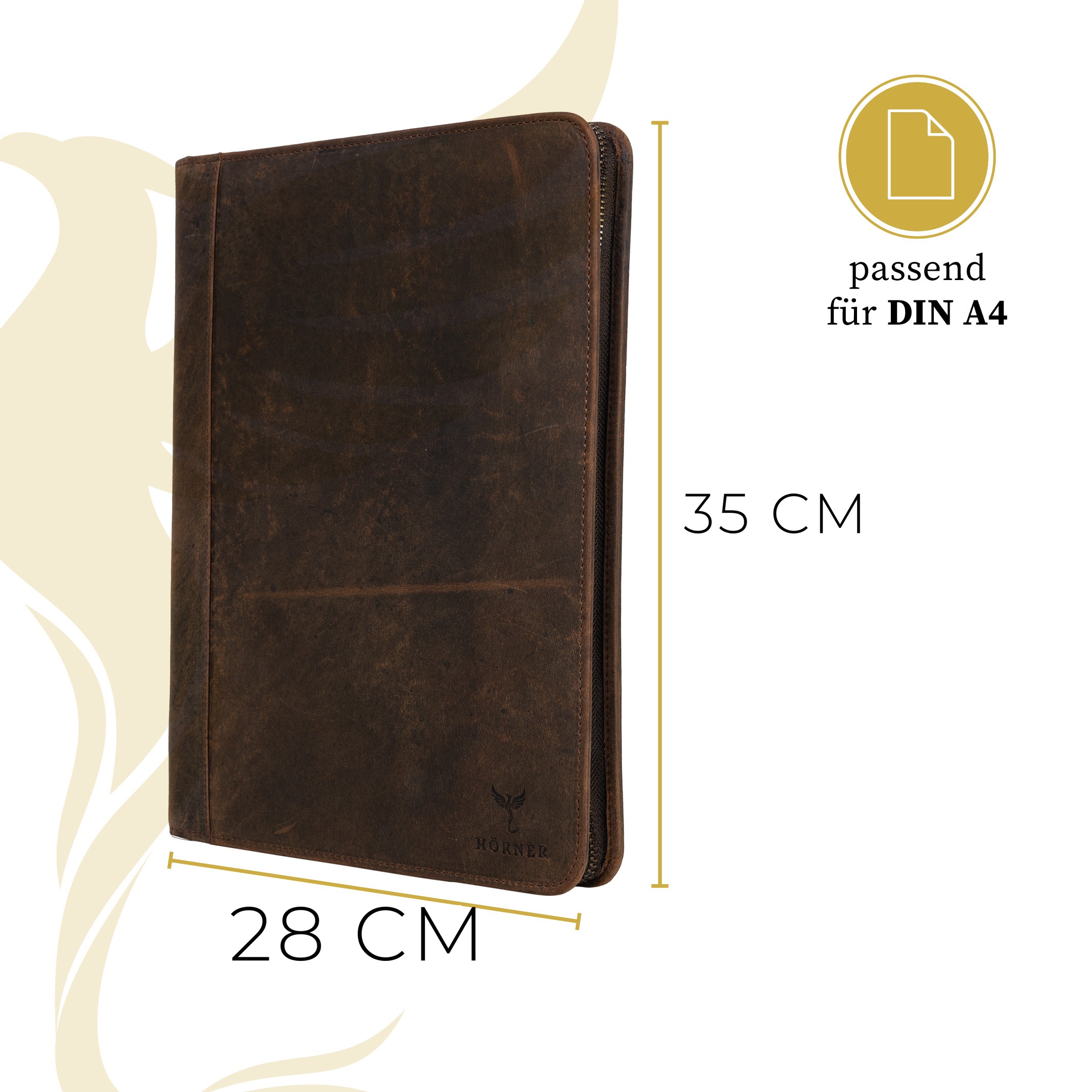 Hörner Rom Konferenzmappe Cognac geschlossen mit Maßangaben 35 x 28 x 3 cm, passend für DIN A4