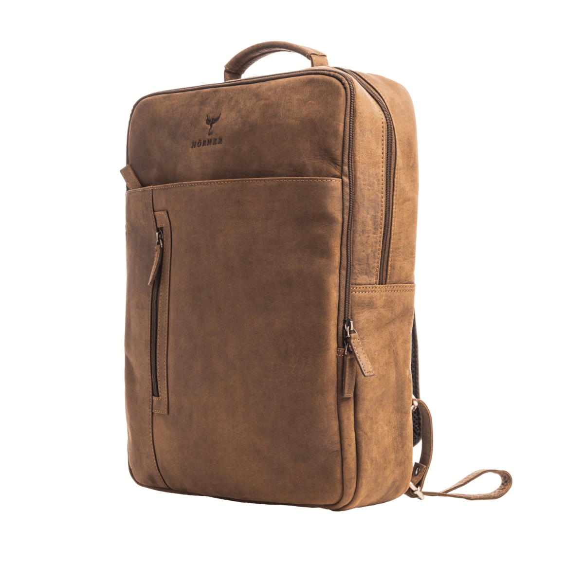 Saxum Lederrucksack braun, Seitenansicht mit Riemen und Beschlägen