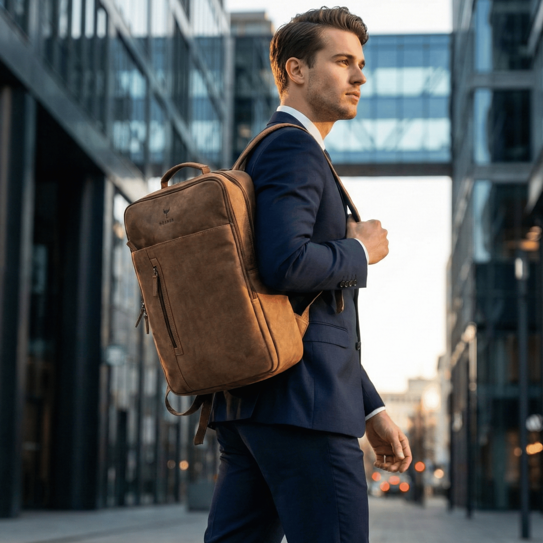 Herr im Anzug mit Saxum Vintage Lederrucksack vor Bürogebäude, cognacfarbenes Distressed Vintage-Leder