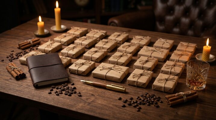 Adventskalender fuer Maenner mit Kraft-Paeckchen, Leder-Notizbuch, Stift und Whisky auf dunklem Holztisch