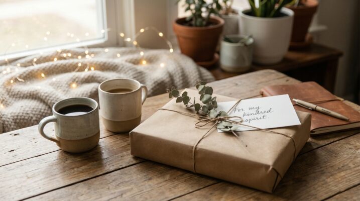 Geschenk fuer die beste Freundin mit Kraft-Papier, Eukalyptus, zwei Kaffeetassen und Lichterkette