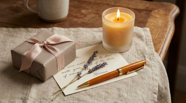 Persoenliches Geschenk fuer die Freundin mit handgeschriebenem Brief, Lavendel und Kerze auf Leinen