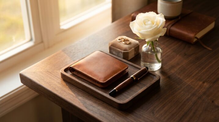 Hochzeitstag Geschenk fuer den Mann mit Leder-Geldboerse, Stift, weisser Rose und Eheringen auf Walnussholz