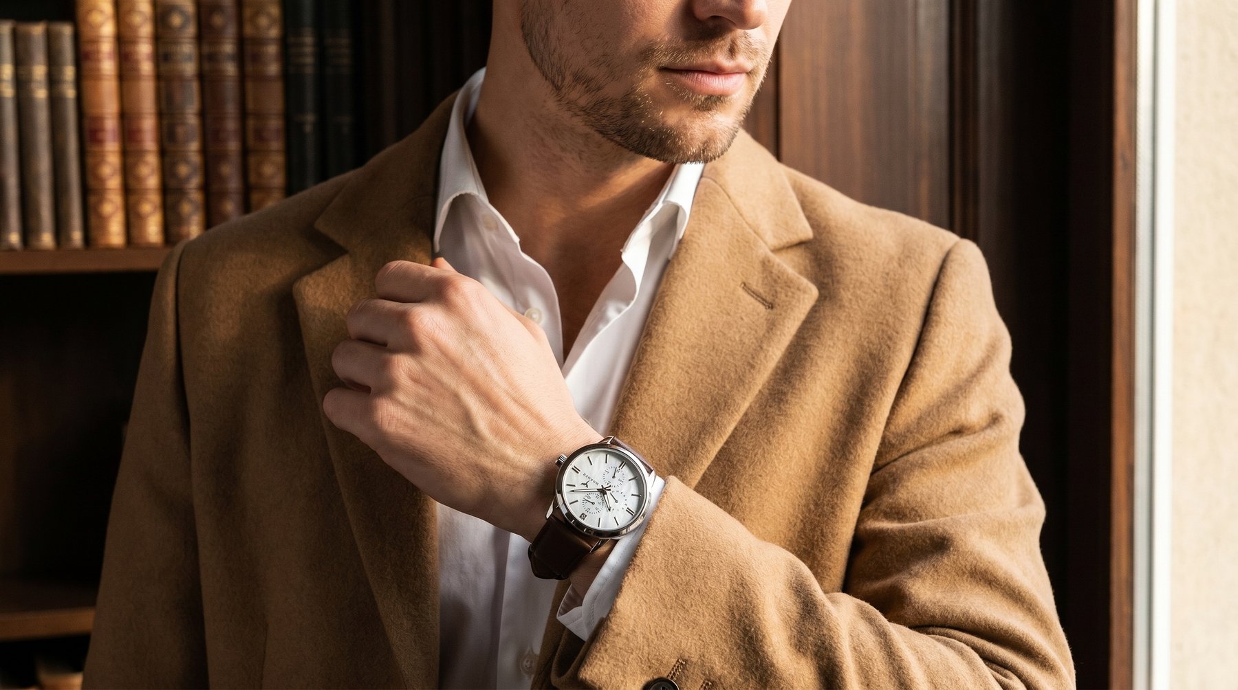 Hörner Nova Aurora Herren-Armbanduhr mit weißem Zifferblatt am Handgelenk eines Mannes im kamelfarbenen Mantel, editoriale Lifestyle-Aufnahme mit hellem Morgenlicht