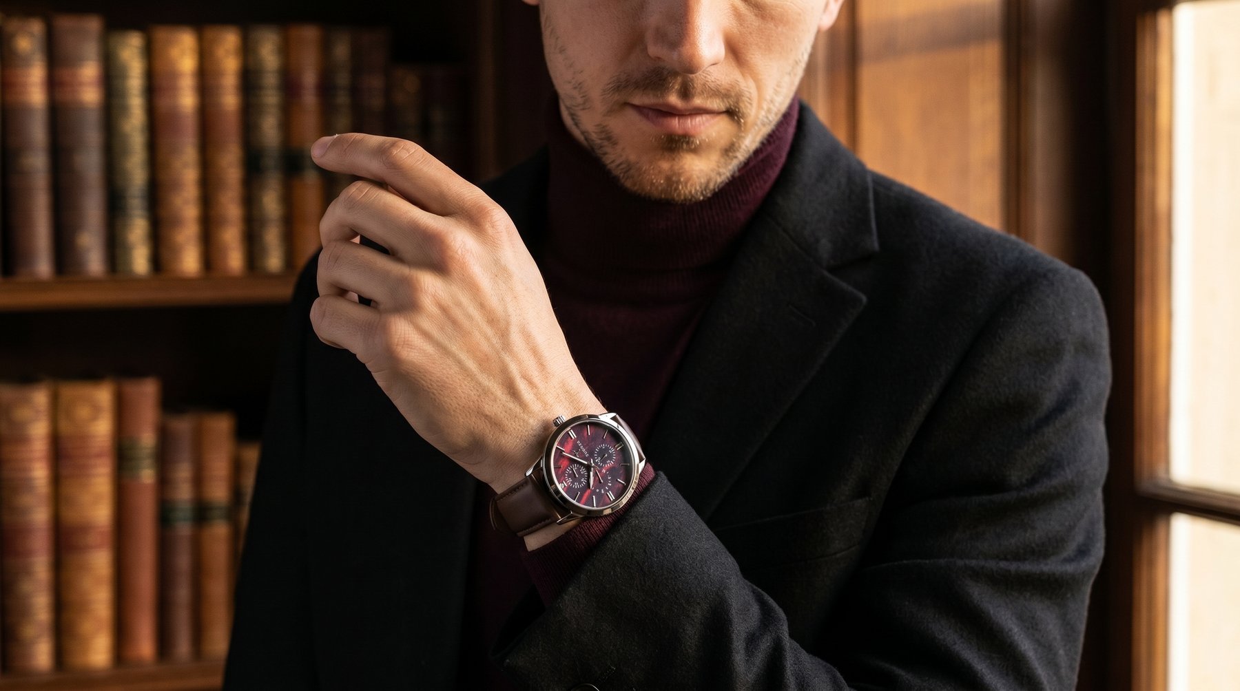 Hörner Nova Ember Herren-Armbanduhr mit weinrotem Zifferblatt am Handgelenk eines Mannes im burgunderfarbenen Rollkragen unter schwarzem Sakko, editoriale Lifestyle-Aufnahme