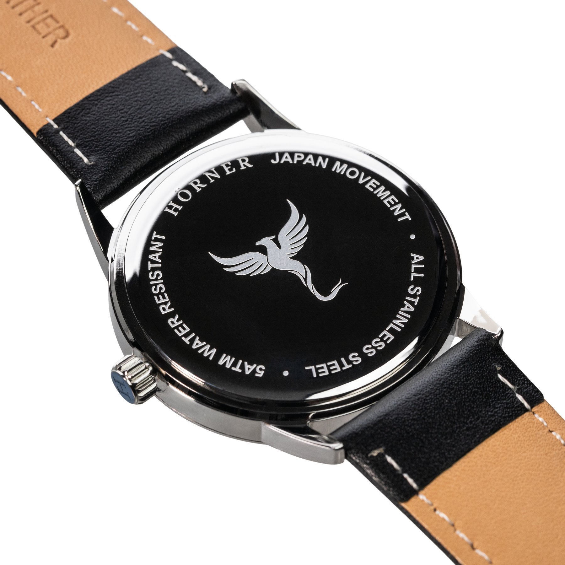 Hörner Nova Midnight gravierter Gehäuseboden mit Phoenix-Signatur und schwarzem Lederband, 5 ATM, Miyota Japan Movement