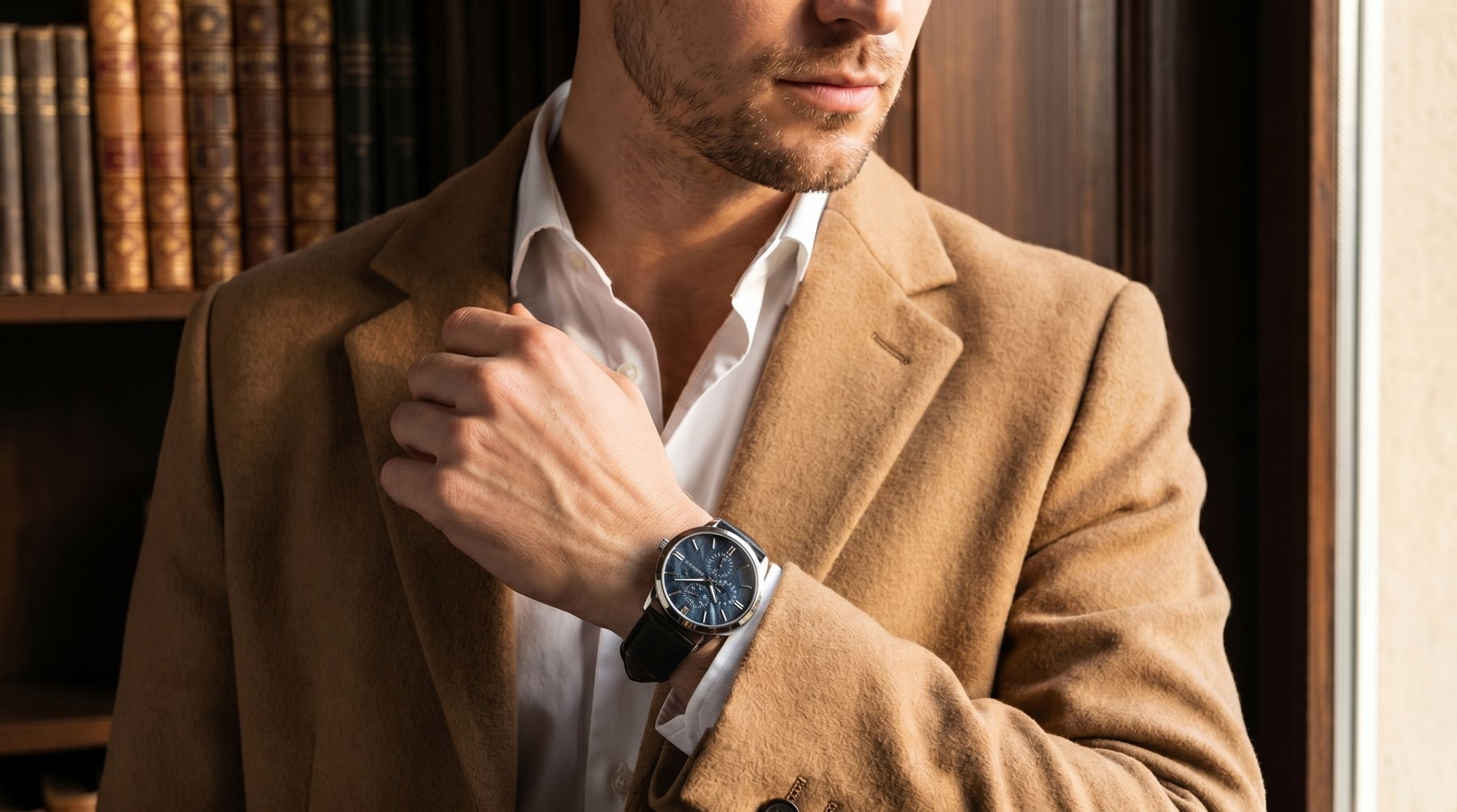 Hörner Nova Midnight Herren-Armbanduhr mit schwarzem Zifferblatt am Handgelenk eines Mannes im grauen Anzug mit Strickkrawatte, editoriale Lifestyle-Aufnahme