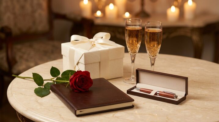 Jahrestag Geschenk mit Champagner, roter Rose, Leder-Journal und Stift in Geschenkbox