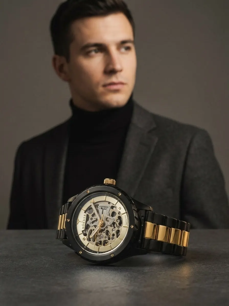 Hörner Pulsar Imperial in Schwarz-Gold, präsentiert von einem Mann im Anzug