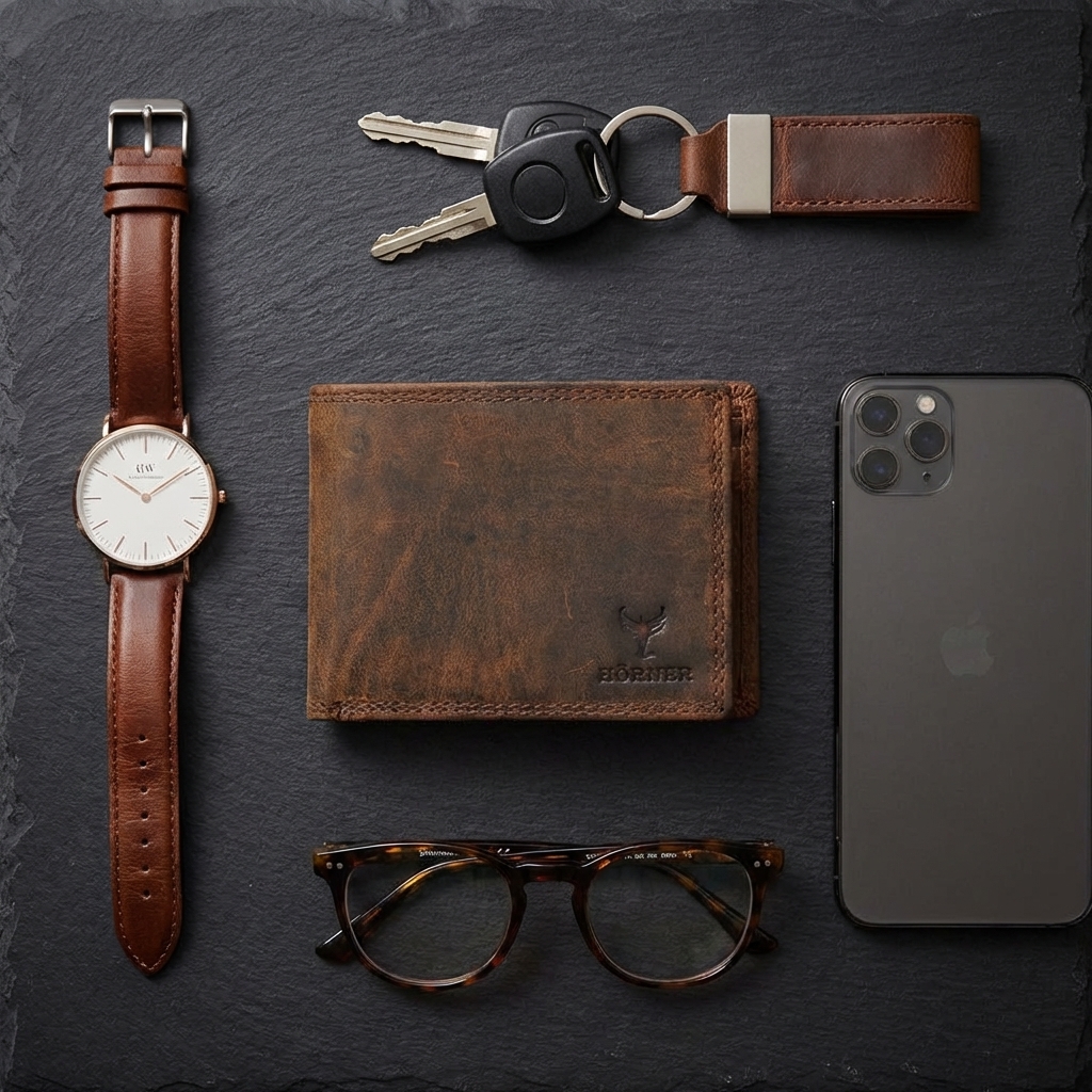 Candor Geldbörse, EDC-Flatlay mit Leder-Details