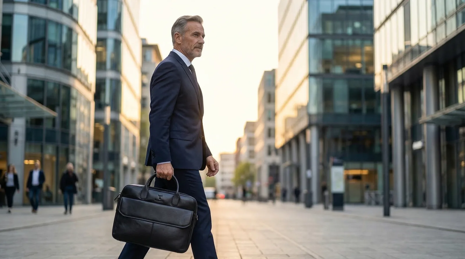 Lifestyle: Hörner Düsseldorf Aktentasche aus Nappaleder im urbanen Setting, getragen über der Schulter